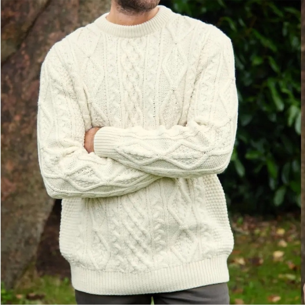 Vintage Chunky Cable Knit Wool Aran Irish Fisherman Sweater White Size XS